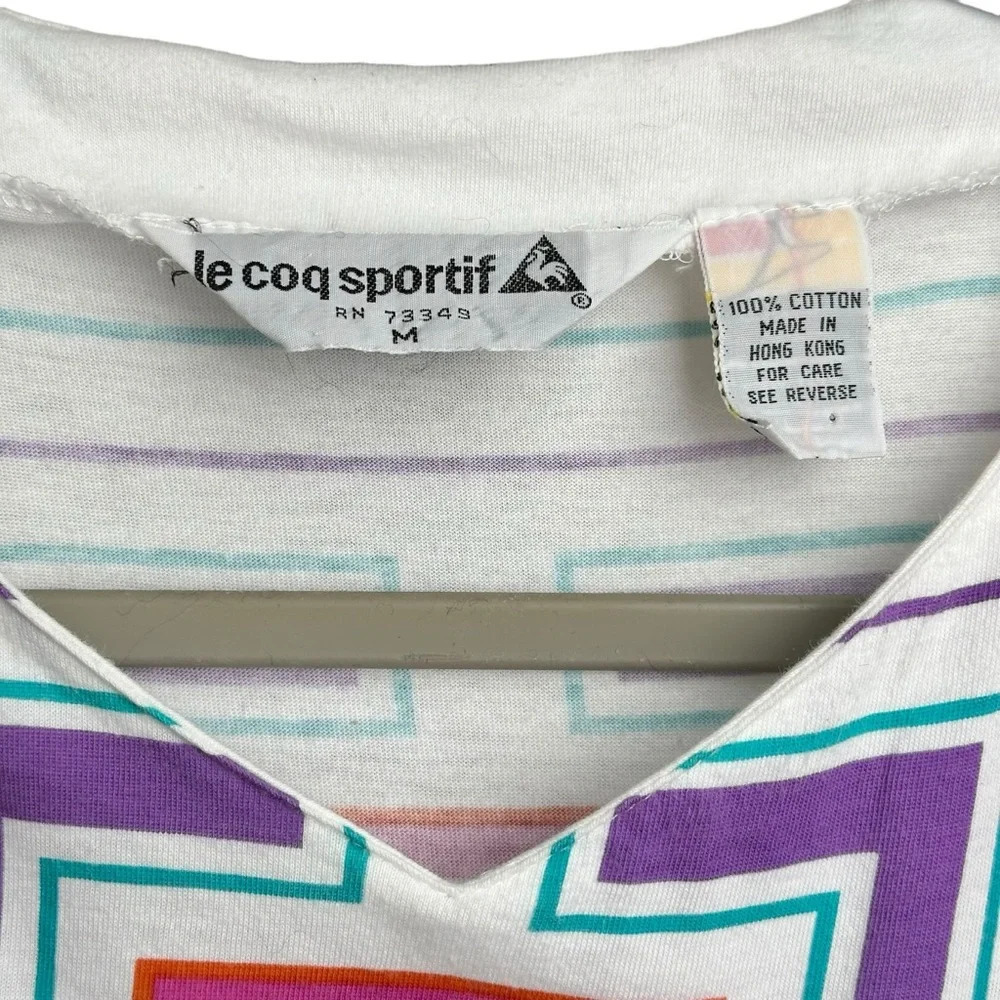 Vintage Le Coq Sportif Size Medium Geometric 80s T Shirt Top Tennis Athletic - Picture 4 of 11